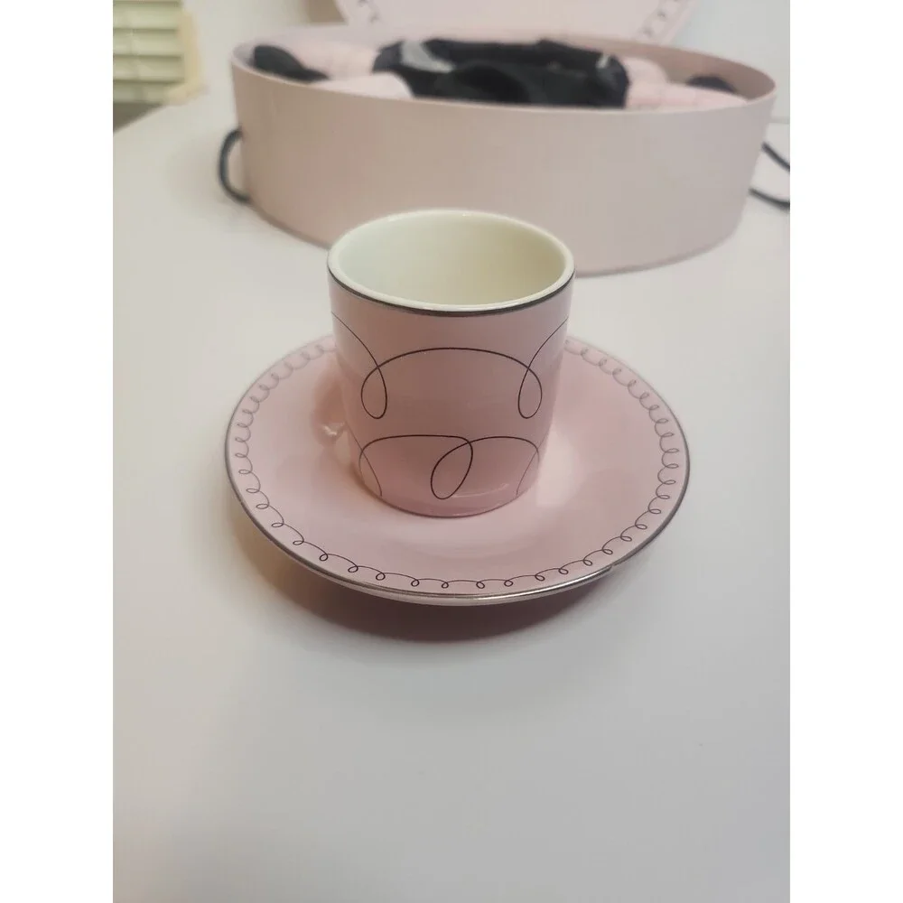 Classic Coffee & Tea Brand Set of 6 Small Cups And Saucers Pink With Silver NIB